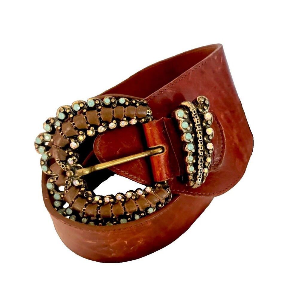 Leatherock Tapered Leather Belt Rhinestone & Semi Precious Gemstone Buckle Sz 36